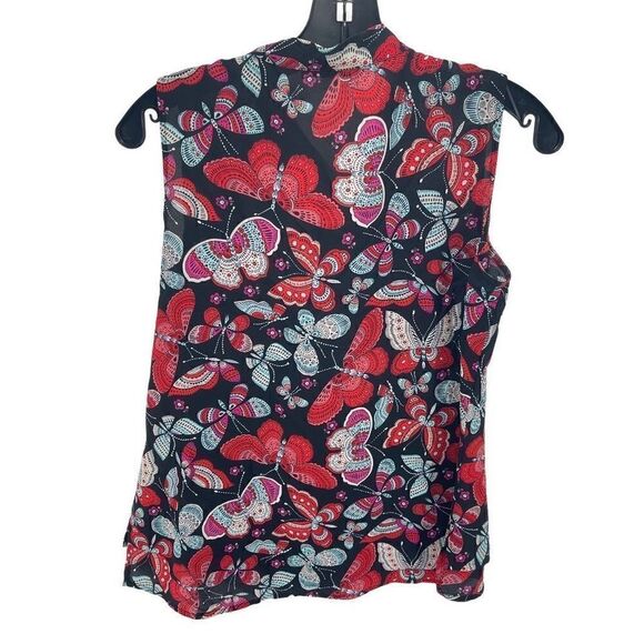 Tommy Hilfiger Womens Butterfly Blouse Top Sleeveless Tie Neck Red Black Small - Picture 9 of 9